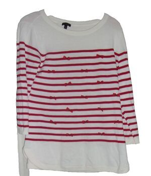 Talbots Lightweight Top Sz M White Red Grosgrain Bows Cotton Blend  Long Sleeve
